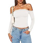 Tankaneo Womens Off The Shoulder Tops Going Out Crop Slim Fit Long Sleeve Shirts Y2K Ruched Cute Blouse