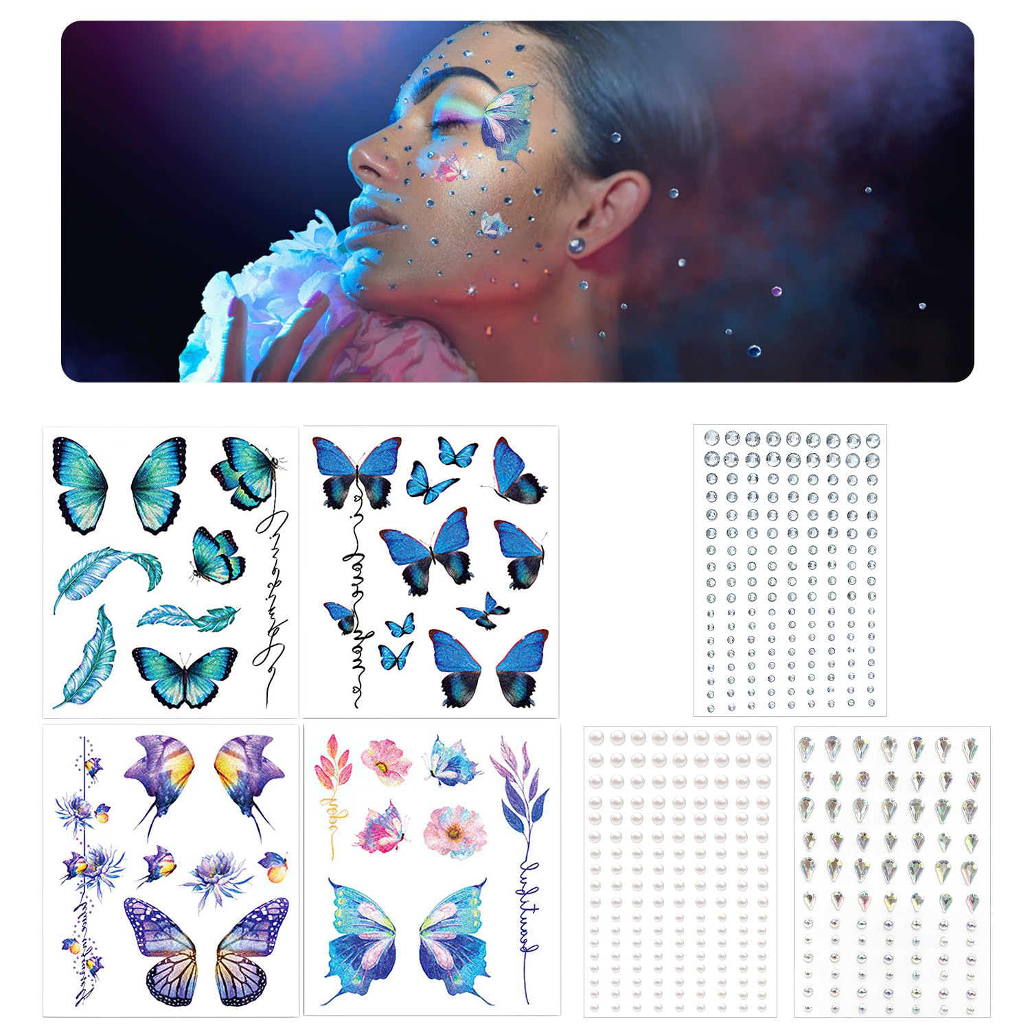 Face Gems for Festivals Stick On Face Jewels Butterfly Tattoos Face Stickers Festival Makeup Rhinestones Facial Sparkle Accessories for Makeup Face Glitter Jewelry