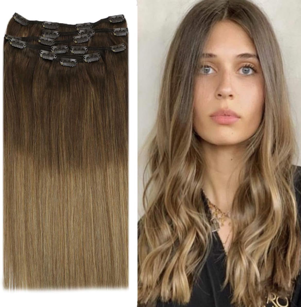 YoungSee Clip in Hair Extensions Ombre Dark Brown to Golden Brown mixed Golden Blonde Balayage