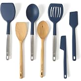 Calphalon Prime 7-Piece Silicone and Teak Wood Kitchen Tool Set, Stainless Steel Kitchen Utensil Set, Kitchen Spoon And Spatula Set, Heat Resistant Non-Slip Kitchen Gadgets Set - Navy Blue