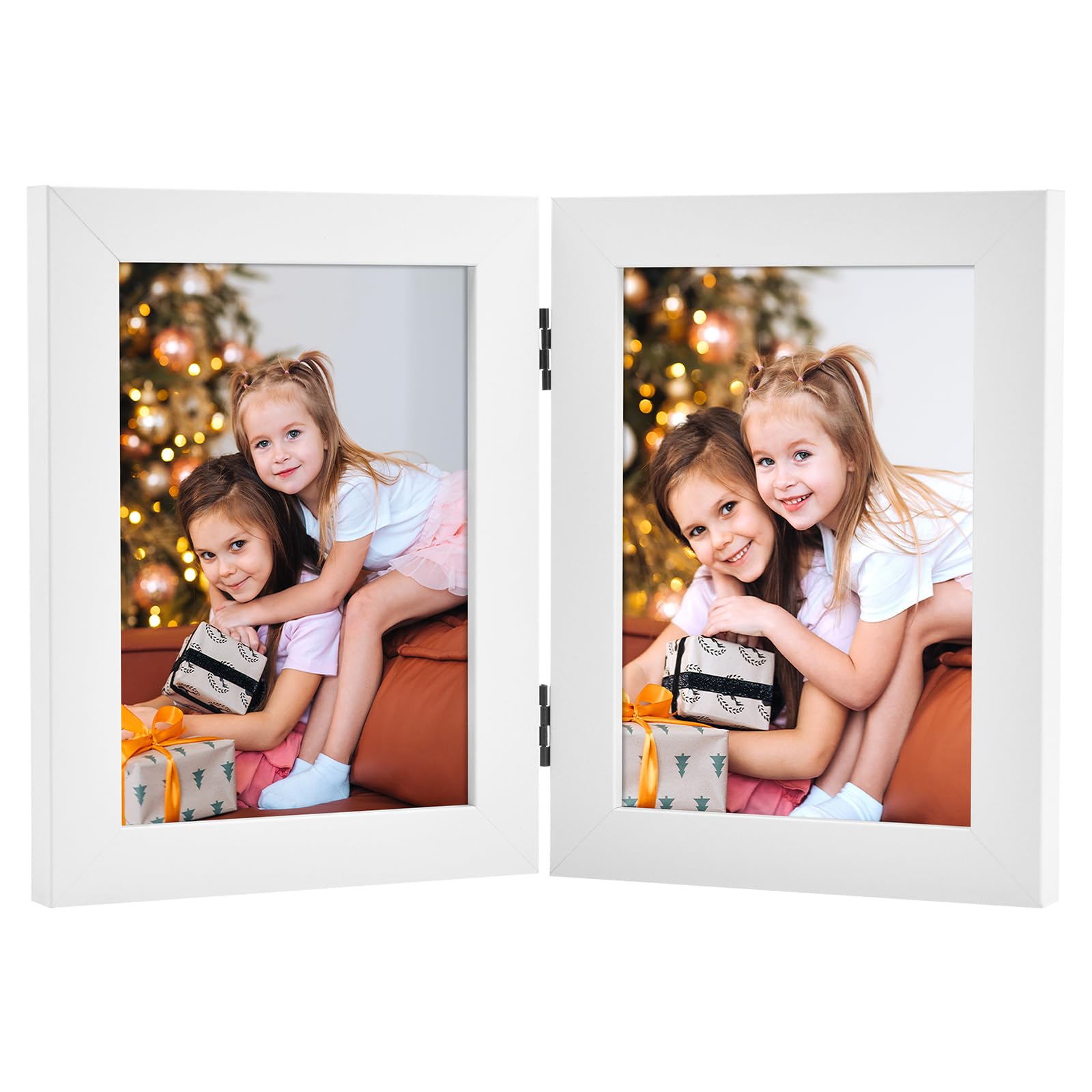 Frametory, Hinged Picture Frame with Glass Front Made to Display Two Pictures, Stands Vertically on Desktop or Table Top (White, 5x7 Double)