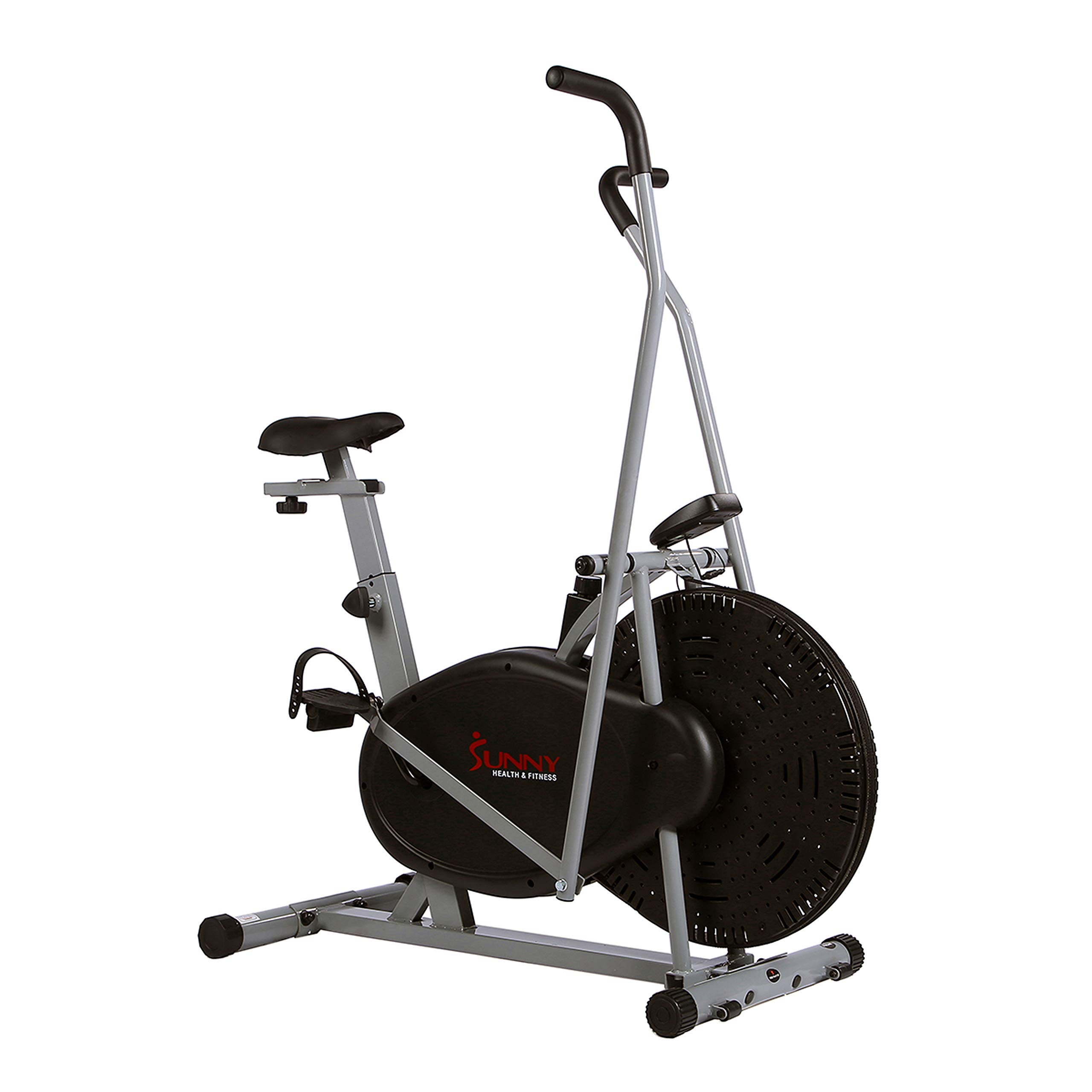 Sunny Health & Fitness Air Bike Fan Exercise Bike with Digital Monitor, Full Motion Arm Exercisers, and Adjustable Seat