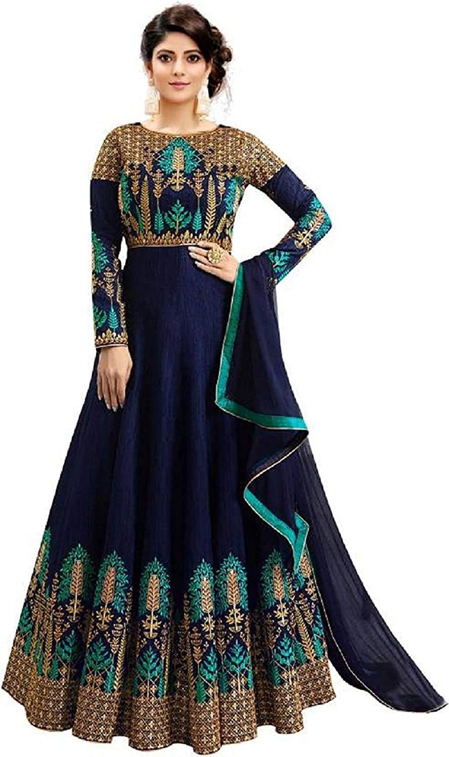 Women's Taffeta Silk Semi-stitched Salwar Suit (Blue_Free Size)
