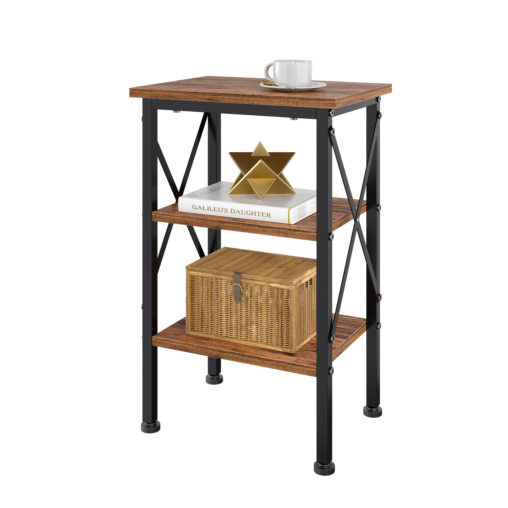 VECELO End Table, Bedside Table, 24" Tall Living Room End Tables, X-Design Reinforced Nightstands, Side Table with 3-Tier Storage Shelves for Small Spaces, Office, Bathroom, Bedroom, Rustic Brown Image