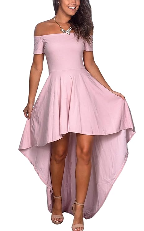 Angashion Damen Sommerkelid Kurze Ärmel Cocktailkleid Schulterfrei High Low Kleid Partykleider