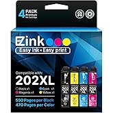 E-Z Ink 202XL Ink Cartridges High Capacity Remanufactured for Epson 202 XL 202XL T202XL to Use with Expression Home XP-5100 Workforce WF-2860 Printer (1 Black 1 Cyan 1 Magenta 1 Yellow, 4 Pack)