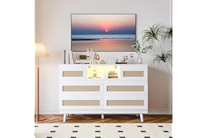 6-Drawer Rattan Dresser,Rattan Dresser with LED Light & Charging Station, 6-Drawer TV Stand & Storage Cabinet,Modern Farmhous