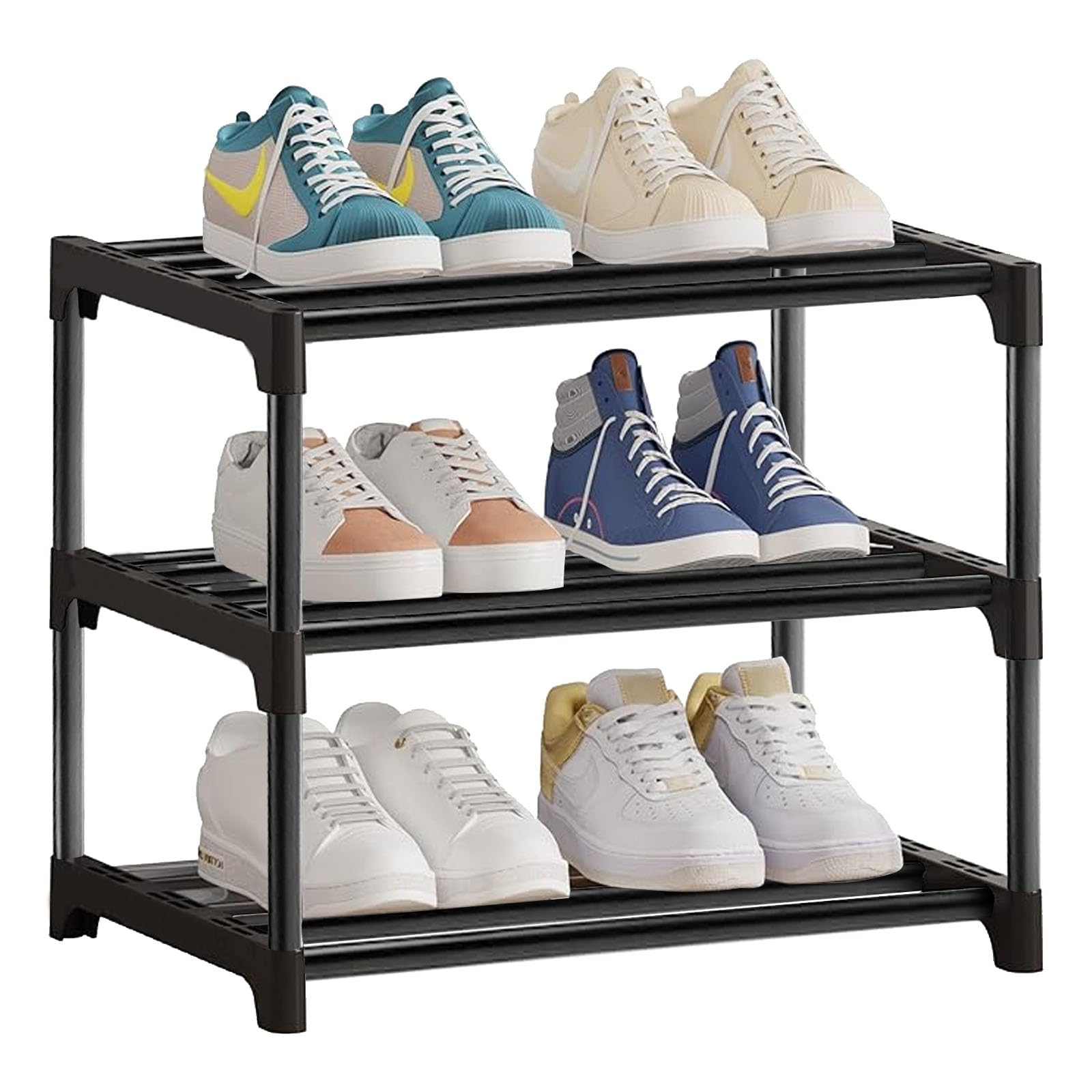 NIAWECAN Shoe Rack, 3 Tier Stackable Shoe Rack Small, Metal Black Shoe Racks, Durable Shoe Stand Lightweight Shoes Rack Storage Organiser for Narrow Place, Hallway, Closet, Entryway, Quick Assembly — image 1