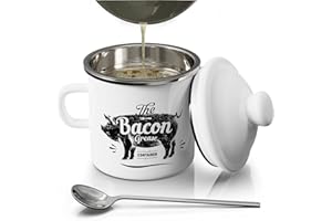 PGYARD Mini Bacon Grease Container With Strainer - 15OZ Enamel Grease Saver, Farmhouse Bacon Grease Keeper For Kitchen Fat Storage, Dishwasher Safe-White