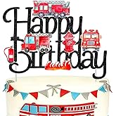 Firetruck Theme Happy Birthday Cake Topper Fire Truck Design Cake Topper for Firefighter Fireman Birthday Party Decorations Baby Shower Supplies
