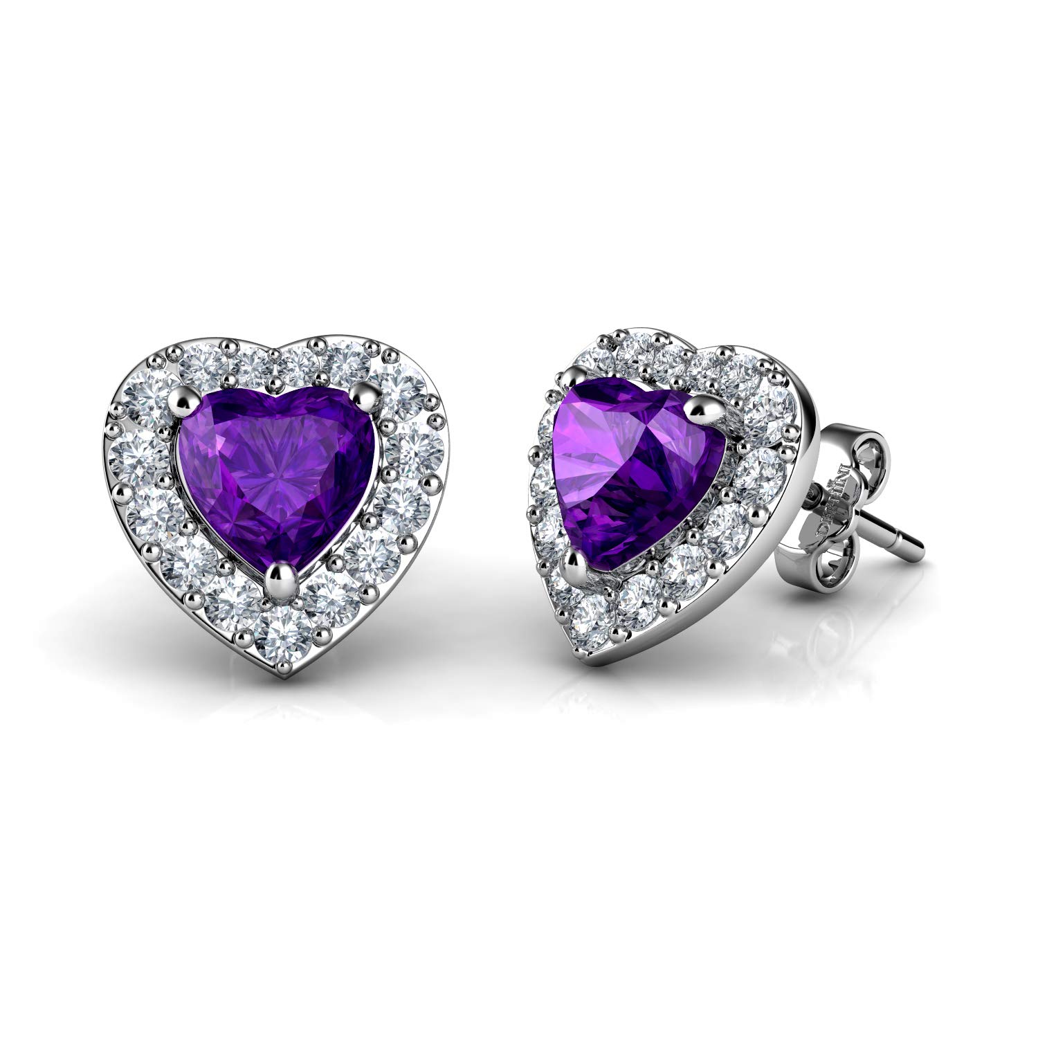 DEPHINI - Heart Earrings - 925 Sterling Silver - Fine Jewellery Stud for Women - Rhodium Plated - Cubic Zirconia (Purple)