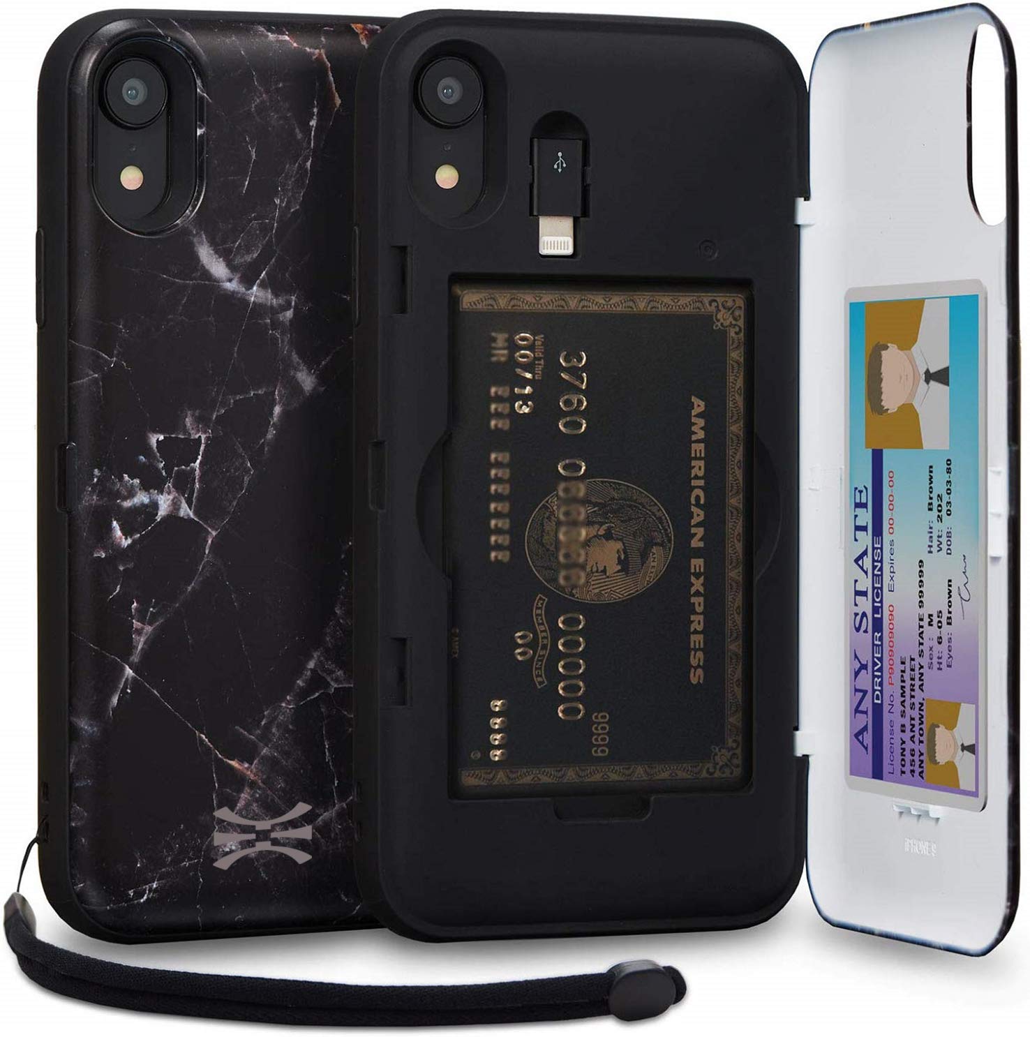 TORU CX PRO Case for iPhone XR, with Card Holder | Slim Protective Cover with Hidden Credit Cards Wallet Flip Slot Compartment Kickstand | Include Mirror, Wrist Strap, Lightning Adapter - Marble
