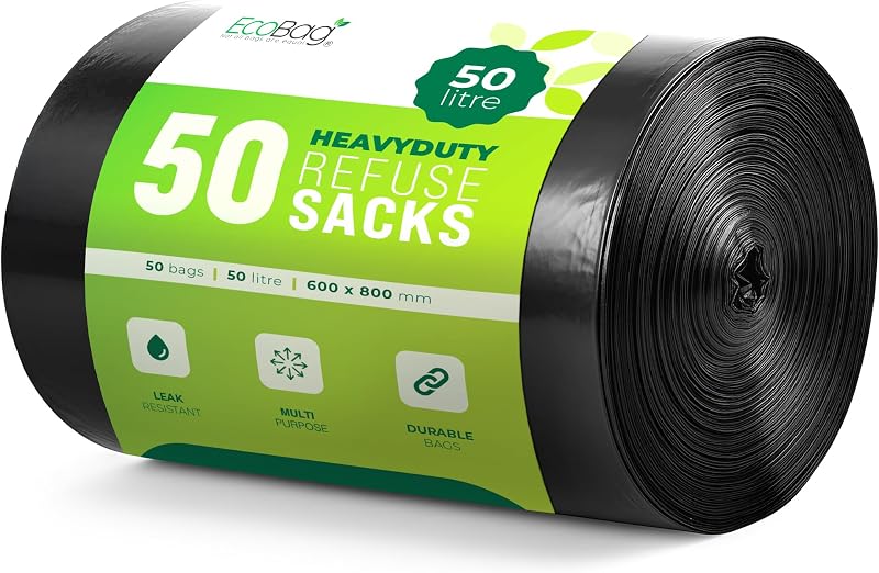 EcoBag 50 Pack Heavy Duty Refuse Sacks 33 Micron 50L Recyclable Bin Bags