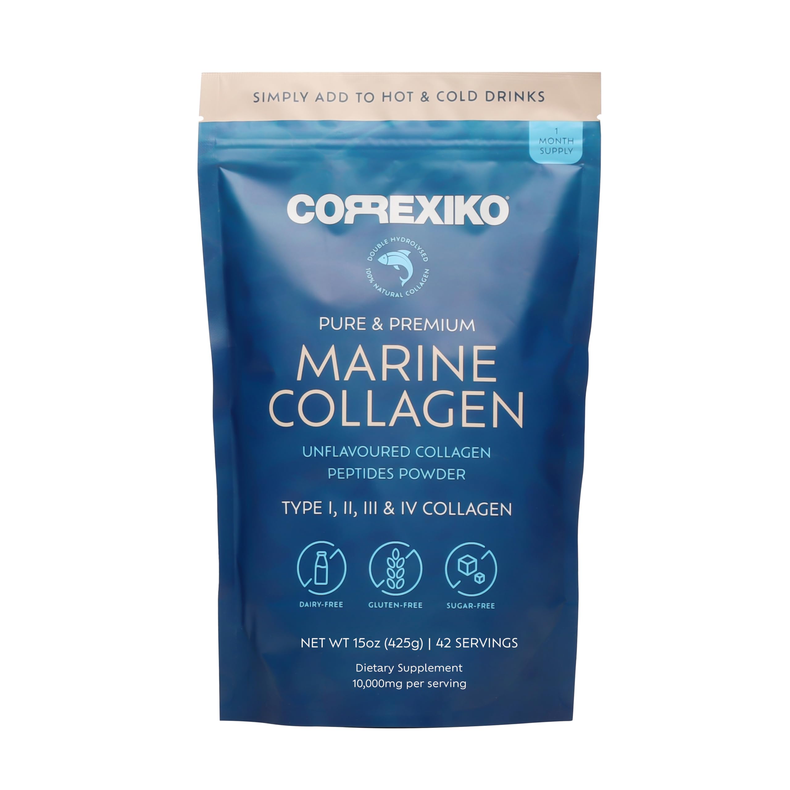 CORREXIKO Premium Marine Collagen Powder - Wild Caught Fish from Canada (Not Farmed), Protein Peptides for Skin, Hair, Nails, Joints & Bones & Digestive Health - Hydrolyzed (42 Servings)