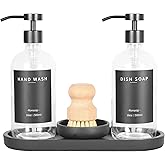 Ronasip Set of 5 Kitchen Soap Dispenser Set 16 Oz Glass Hand Dish Soap Dispenser with Stainless Steel Pump, Cement Tray, Dish Scrub Brush for Farmhouse Rustic Home Bathroom Decor (Transparency)
