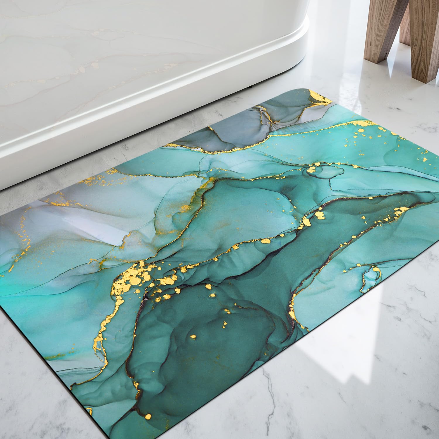 DEXI Non-Slip Bath Mat 43 x 110 cm, Super Absorbent Quick Drying Thin Bathroom Mats for Bathtub Side Floor, Easy to Clean, Turquoise Green