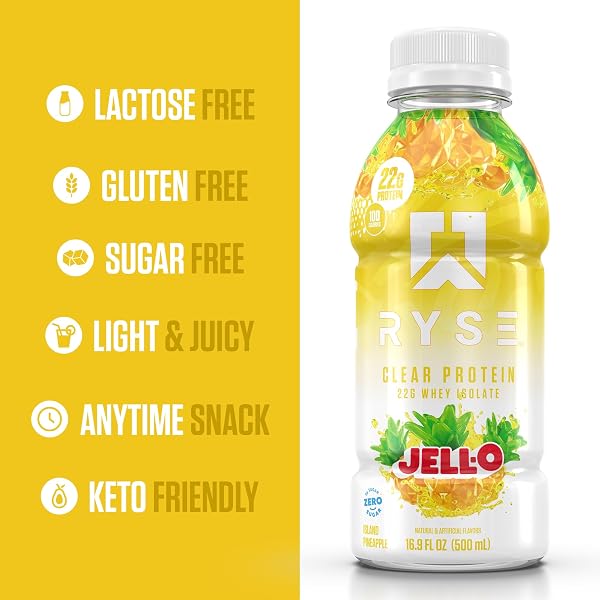 RYSE CLEAR PROTEIN DRINK – JELL-O ISLAND PINEAPPLE – 100 CALORIES, 22G WHEY ISOLATE PROTEIN SHAKE, SUGAR-FREE, 0G FAT & LACTOSE-FREE – REFRESHING READY-TO-DRINK BEVERAGE – 16.9 FL OZ BOTTLES (12-PACK)