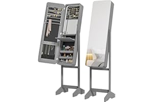 HOMCOM Freestanding Mirror Jewelry Cabinet Armoire, LED Lighted Jewelry Organizer with Stand, Angle Adjustable, Grey