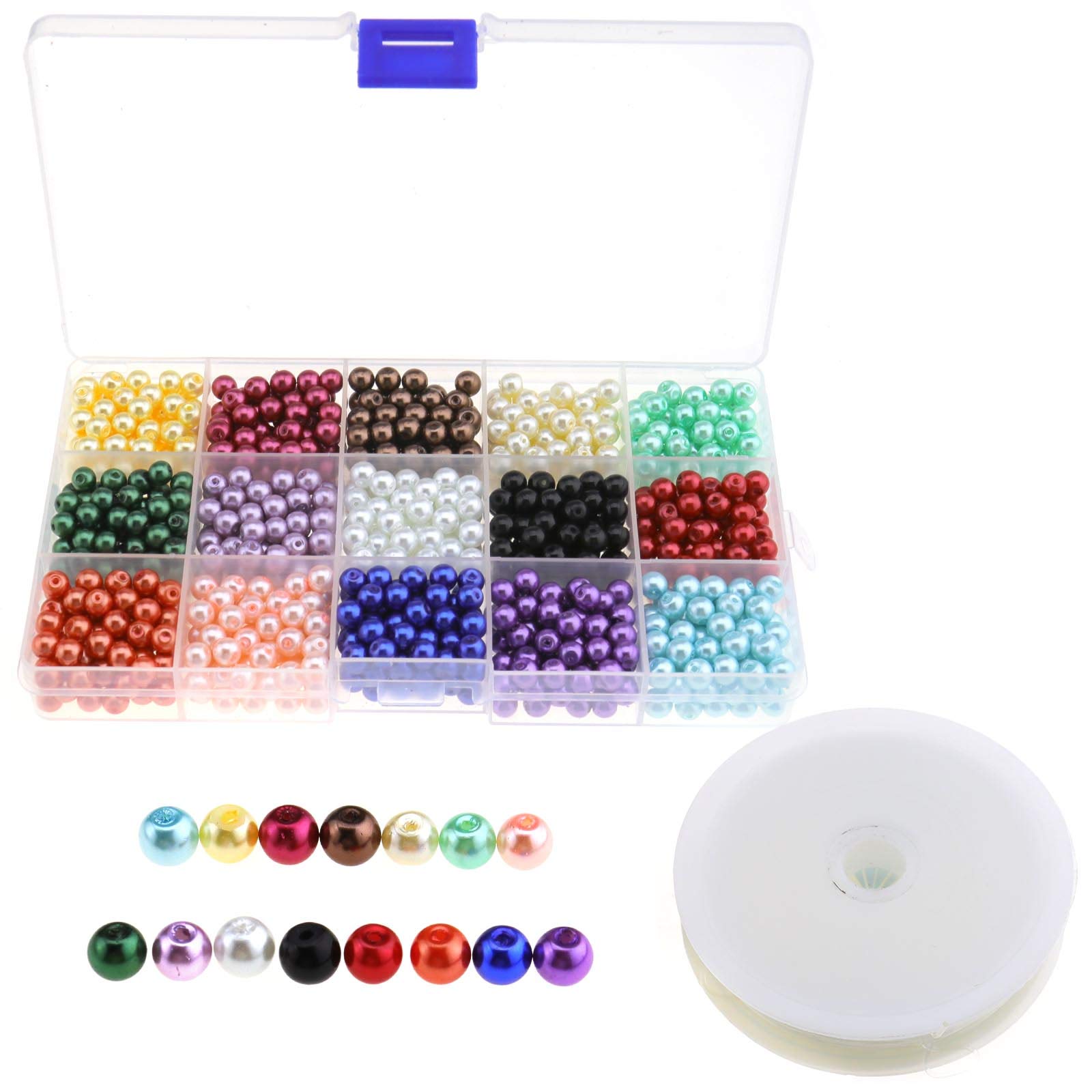 Glass Pearl Beads, Mixed 15 Colors 6mm Pearlized Glass Beads 1mm Holes with 15m Elastic Crystal String Jewerly Supplies