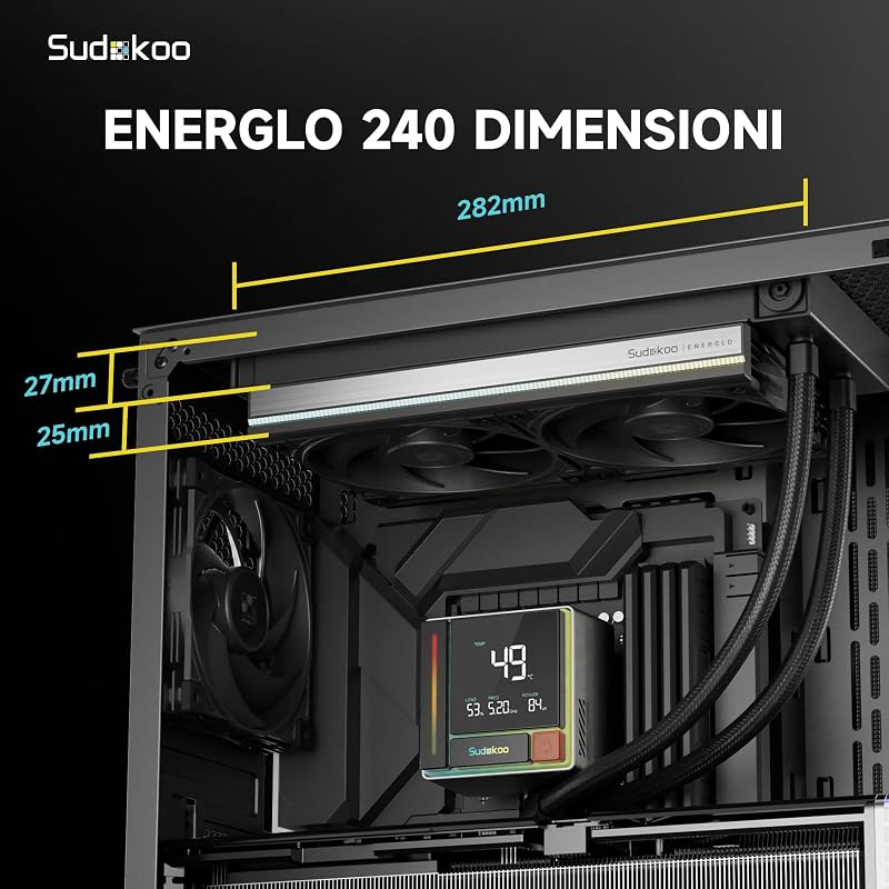 ENERGLO 240 Dissipatore Liquido 240mm: AIO 240mm con Schermo LCD a Segmenti - Raffreddamento Liquido PC con Due Ventole PWM FDB & Pompa 2500-3400 PWM, Intel LGA1851/1700/1200/115X AMD AM5/AM4
