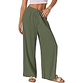 AISEW Women's Cotton Linen Palazzo Pants Drawstring Elastic Waist Casual Wide Leg Long Lounge Trousers with Pockets