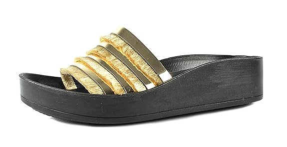 CAPRIUM Pantoletten Comfort Fransen Metallic Glitzer Sandalen Sommerschuhe Slipper 004206