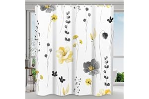 WITHLOC Shower Curtain Watercolor Flower Shower Curtain Sets - Spring Yellow Gray Floral Plant Shower Curtains for Bathroom, Washable Modern Farmhouse Decor, 72 x 72