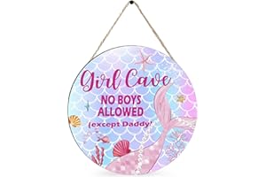 CLOVERKOI Girl Cave Sign Nursery Decor, Mermaid Room Decor for Baby Girls Bedroom, Wooden Little Baby Girl Nursery Wall Decor, Pink Purple Nursery Decor