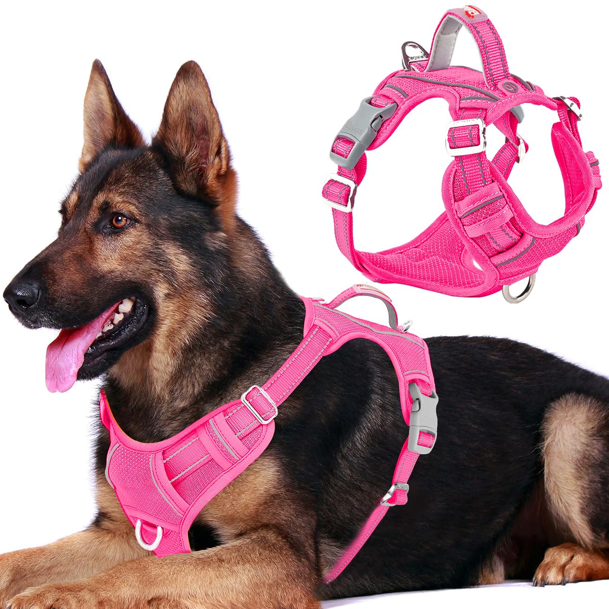 BARKBAY No Pull Dog Harness Front Clip Heavy Duty Reflective Easy Control Handle for Large Dog Walking with ID tag Pocket(Pink,XL)