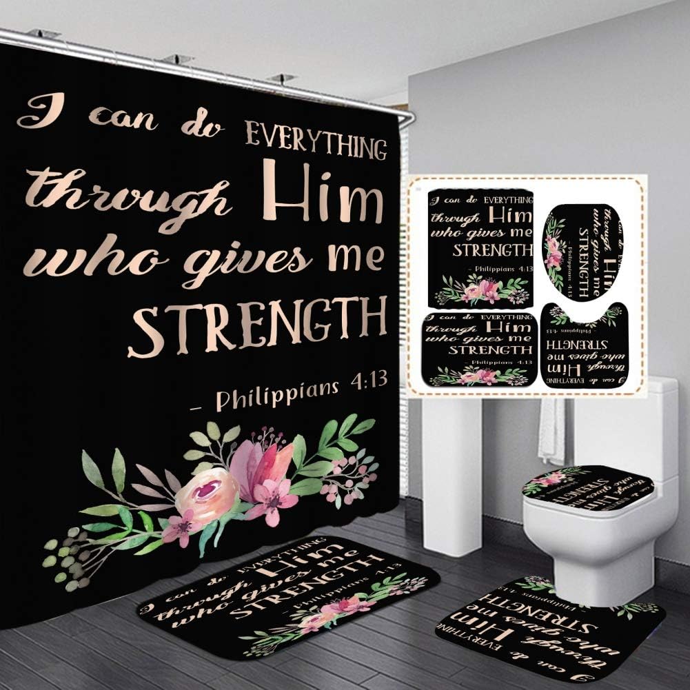 Bathroom Mat Sets 4 Piece with 12 Hook, Colorful Word Letters Print Carpet Doormats Decor Shower Curtain and Rugs Bath Mat for tub Kids Floor, Non-Slip Floral Shower Curtain Bathroom Mat