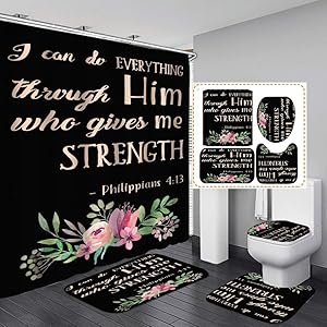 Bathroom Mat Sets 4 Piece with 12 Hook, Colorful Word Letters Print Carpet Doormats Decor Shower Curtain and Rugs Bath Mat for tub Kids Floor, Non-Slip Floral Shower Curtain Bathroom Mat