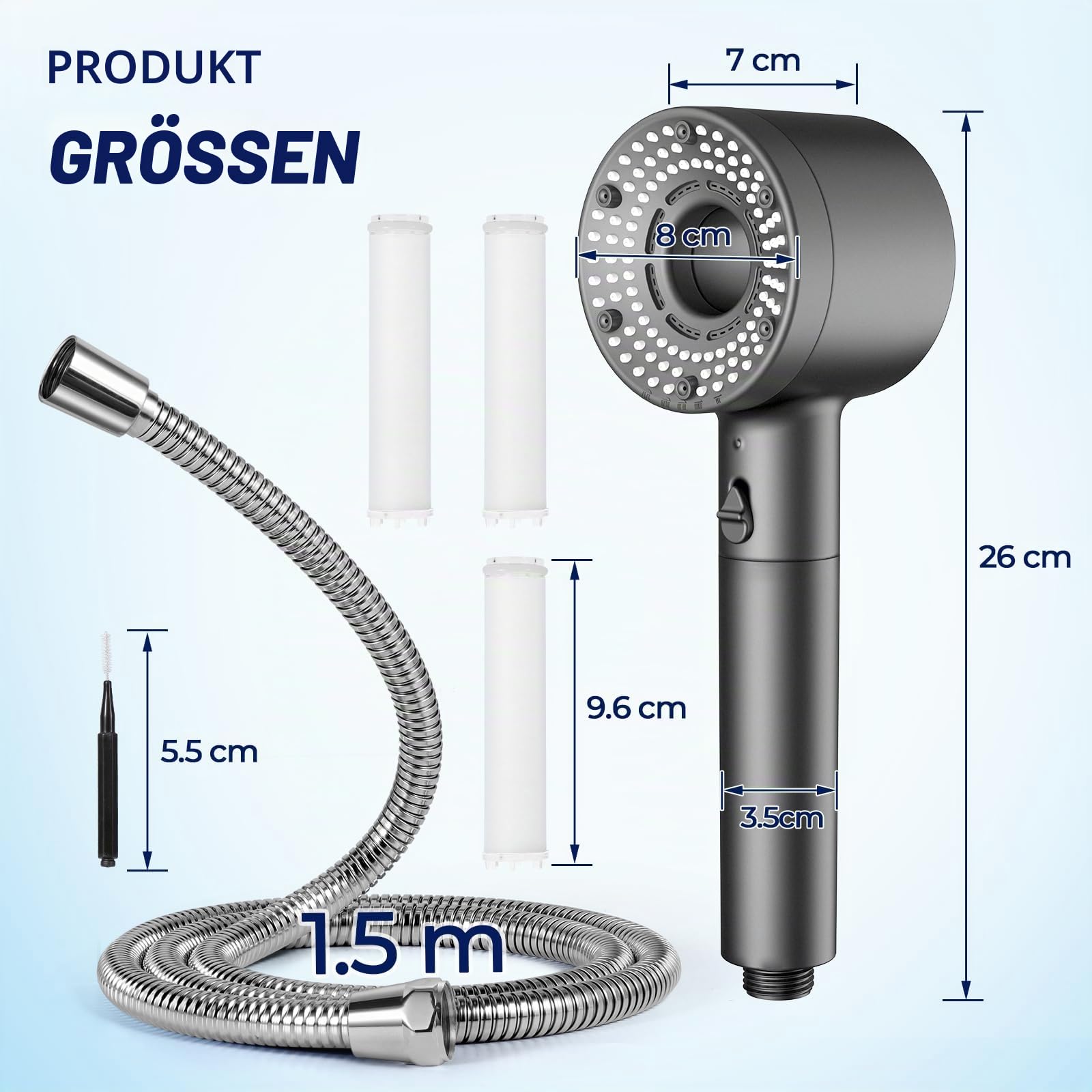 Blendura Duschkopf mit Schlauch 1,5 m, 5 Strahlarten und 3 Filtern 7