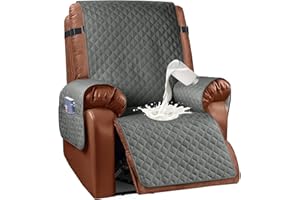 Granbest Waterproof Recliner Chair Cover with Pockets, Non-Slip Recliner Slipcover, Washable Reclining Chair Cover with Elastic Straps,Furniture Protector for Pets (Recliner, Gray)