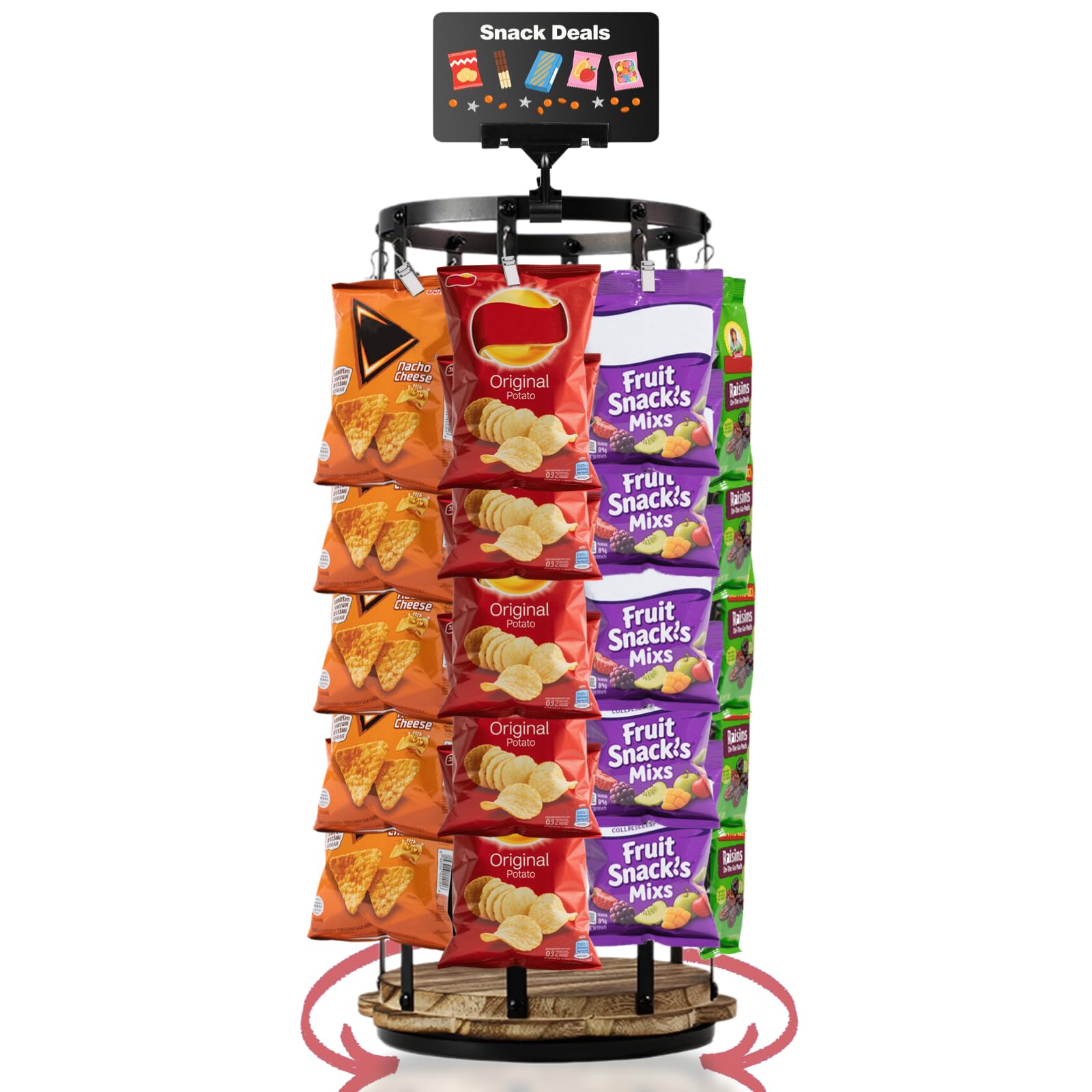 Photo 1 of SUOWEEI Chip Rack Display Stand, 5 Tiers 40 Clips Chip Holder Display with Chalkboard Signs, 360° Rotating Wooden Base Snack Rack, Snack Organizer for Concession Stand, Countertop, Party