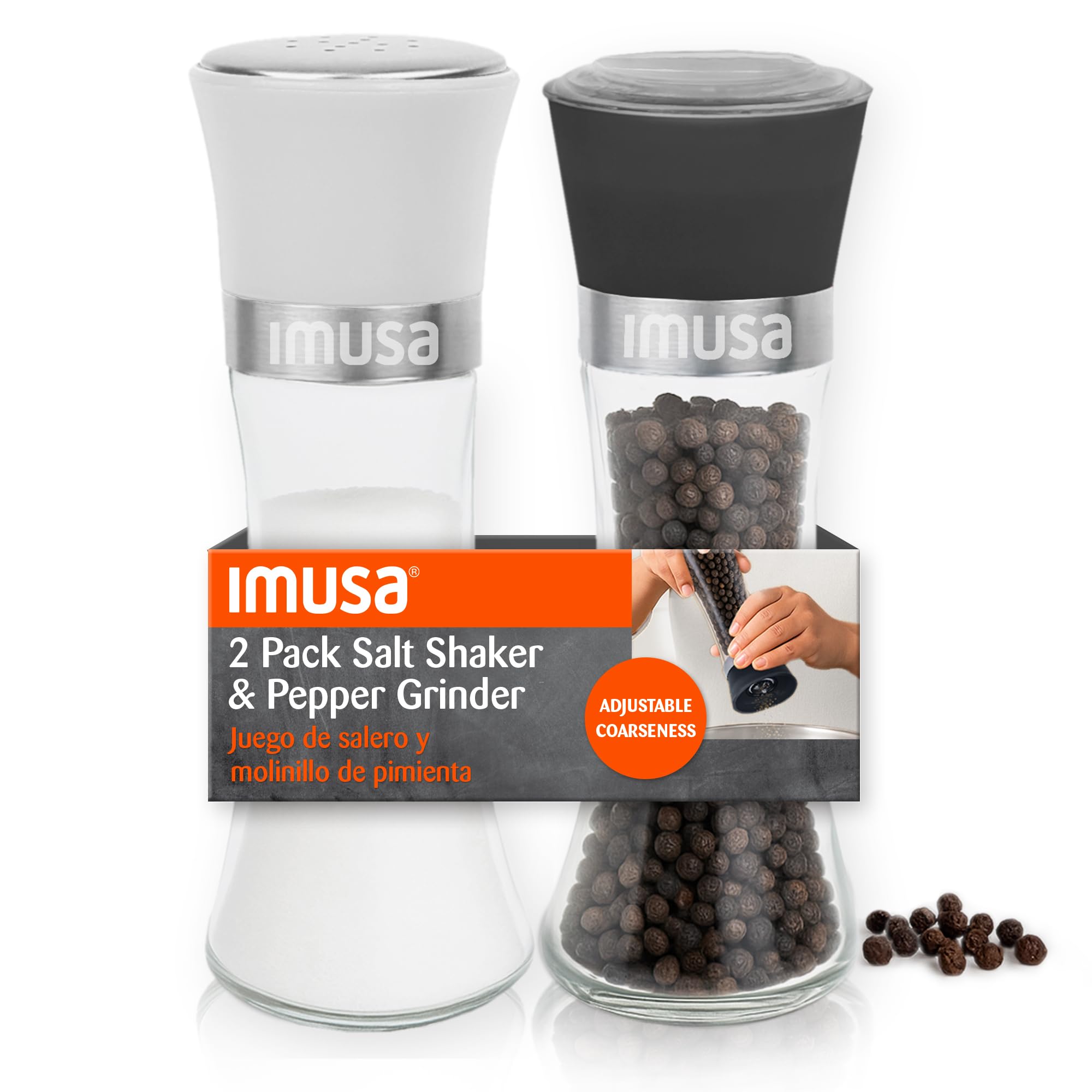 Photo 1 of (one is missing cap)
IMUSA Salt Shaker and Pepper Grinder Set – 2 Pack Glass Salt Shaker and Pepper Mill Set, Manual Adjustable Ceramic Core Pepper Grinder, 6 oz Capacity, Refillable Salt and Pepper Set for Kitchen