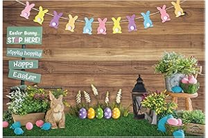 Funnytree 82" x 59" Spring Happy Easter Theme Photography Backdrop Rustic Wooden Wall Background Bunny Rabbit Colorful Eggs Grass Floral Baby Kids Portrait Party Decor Banner Photo Booth Studio