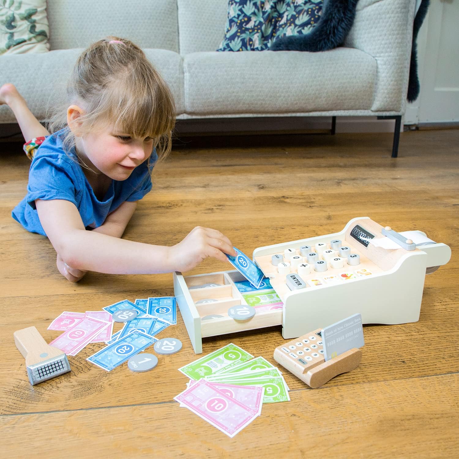 Woet® White Wooden Toy Cash Register for Kids, Pretend Play Shop Toy with Scanner and Card Reader, Role Play Checkout Set - Image 5