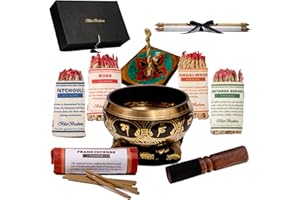 BLISSBECKONS Meditation Accessories Gift Set With Guide: 4.5" Tibetan Singing Bowl Set,150 pcs Handmade Incense Variety Pack: Frankincense, Patchouli, Amitabha Buddha, Rose, Sandalwood, With Incense Holder