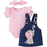 ODIMAME Baby Girl Clothes Suspender Skirt Newborn Ruffled Romper + Elephant Jeans Dress + Headband Summer Outfits 0-18 Months