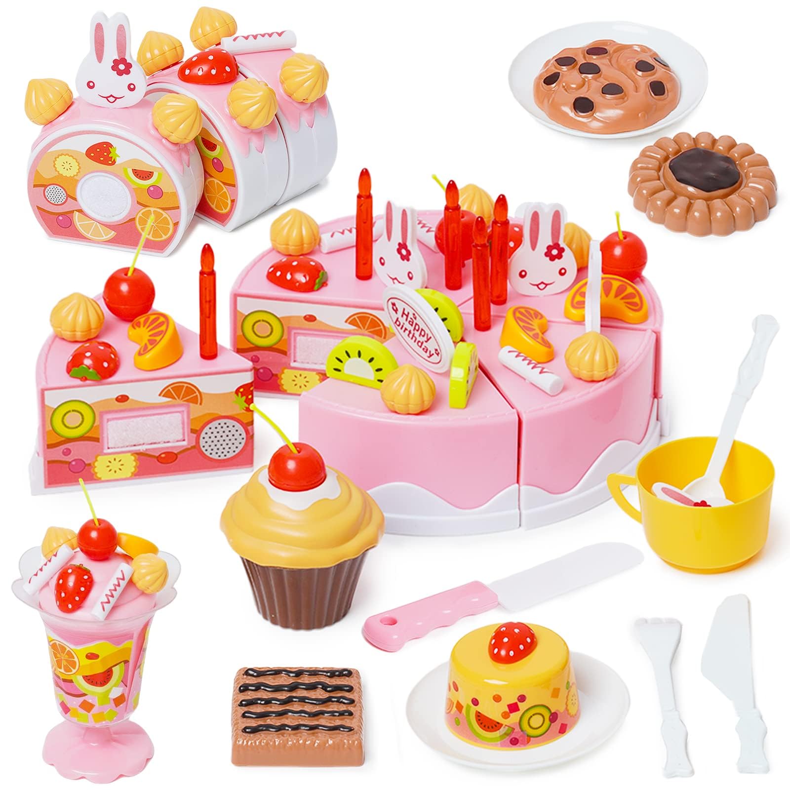 Nukdey 75 PCS DIY Birthday Cake Toy Cutting and Decorating Birthday Cake Kitchen Pretend Toys Party Role Play Food Sets with Removable Candles, Fruit, and Candy for Girls Boys Children Aged 3+