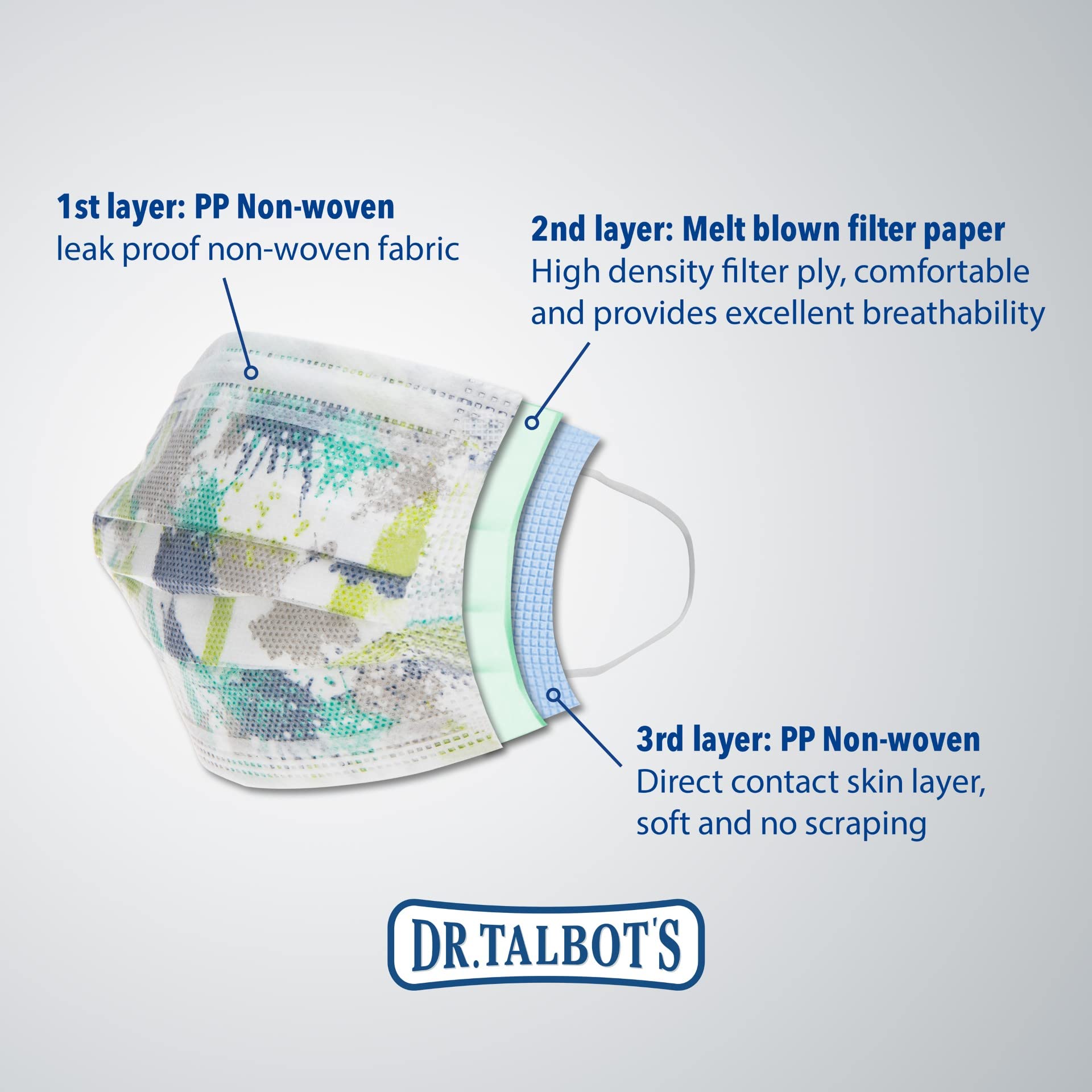 Dr. Talbot's Disposable Protective Face Masks for Boys 2-5 Years - 10-Count - Disposable 3-Layer Single Use Face Masks with Easy-Bend Nose Clip and Soft Ear Loops