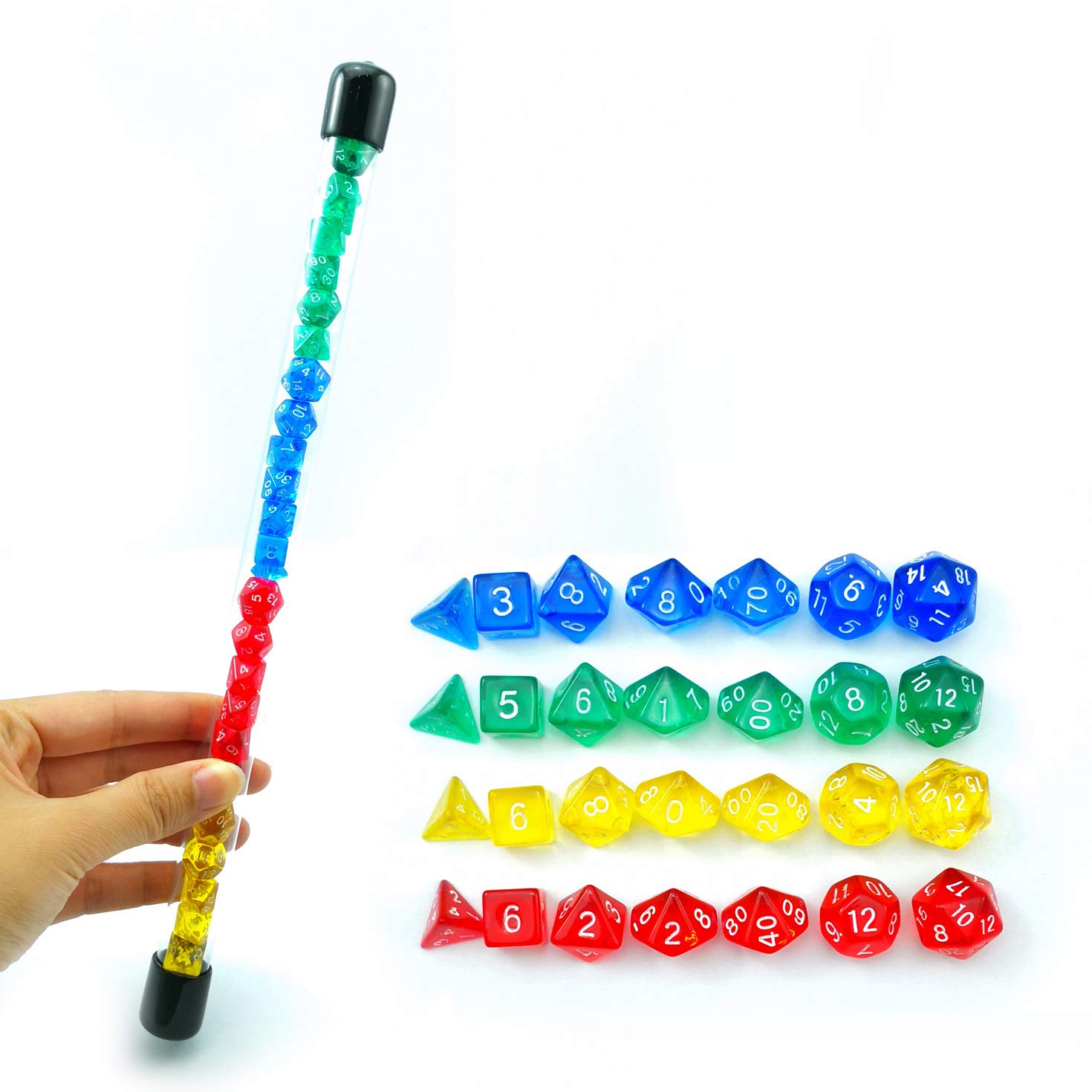 Bescon 28pcs Colorful Translucent Mini Polyhedral Dice Set in Tube, Dungeons and Dragons RPG Dice 4X7pcs,Mini Gem Dice Set — image 1