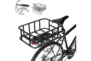 MUIIUM Rear Bike Rack with Basket, Bike Basket with Liner Waterproof Cover Cargo Net,Detachable Large Bicycle Rear Frame Heavy Duty Aluminum Alloy Bicycle Rear Frame for Commuting and Shopping
