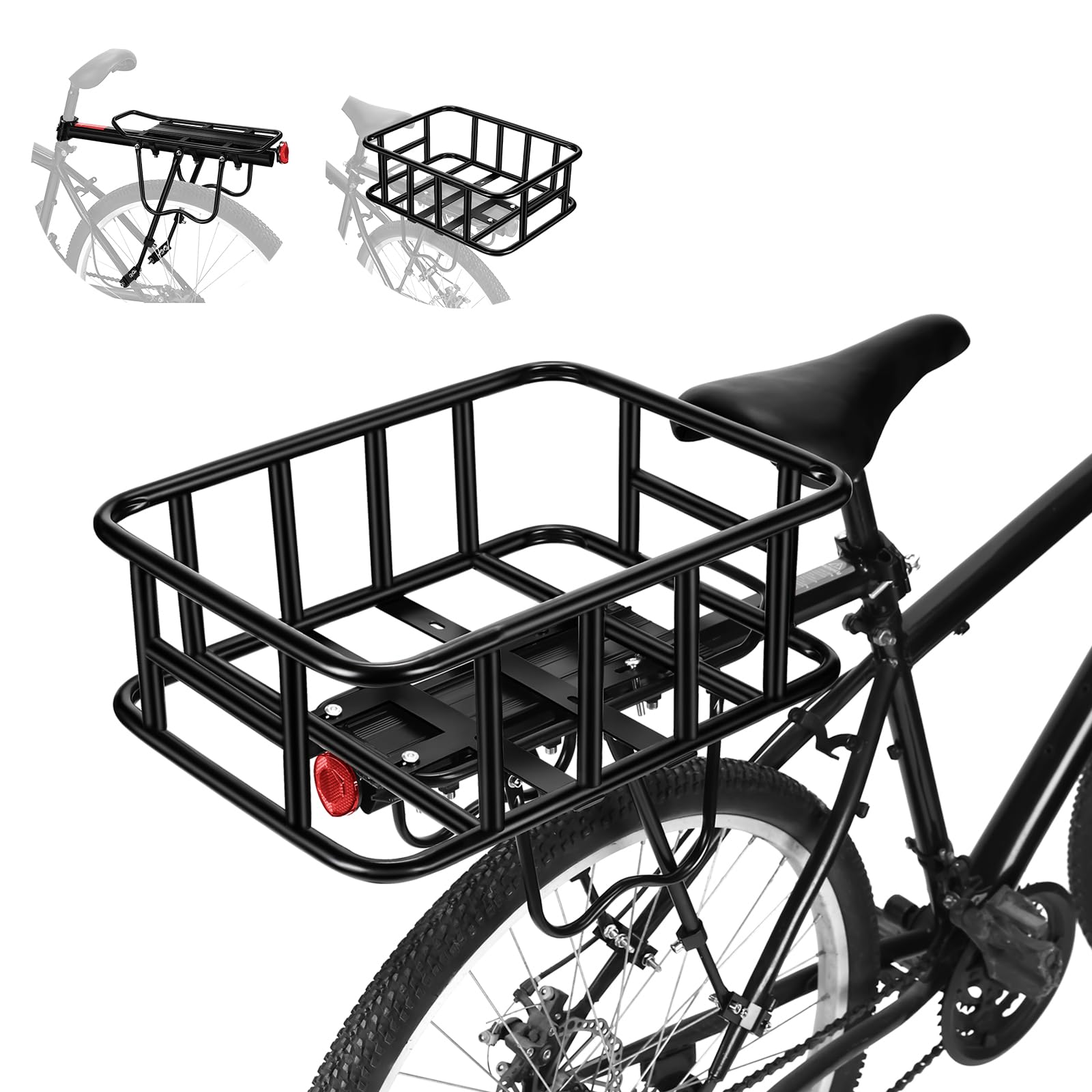 Photo 1 of Rear Bike Rack with Basket, Bike Basket with Liner Waterproof Cover Cargo Net,Detachable Large Bicycle Rear Frame Heavy Duty Aluminum Alloy Bicycle Rear Frame for Commuting and Shopping