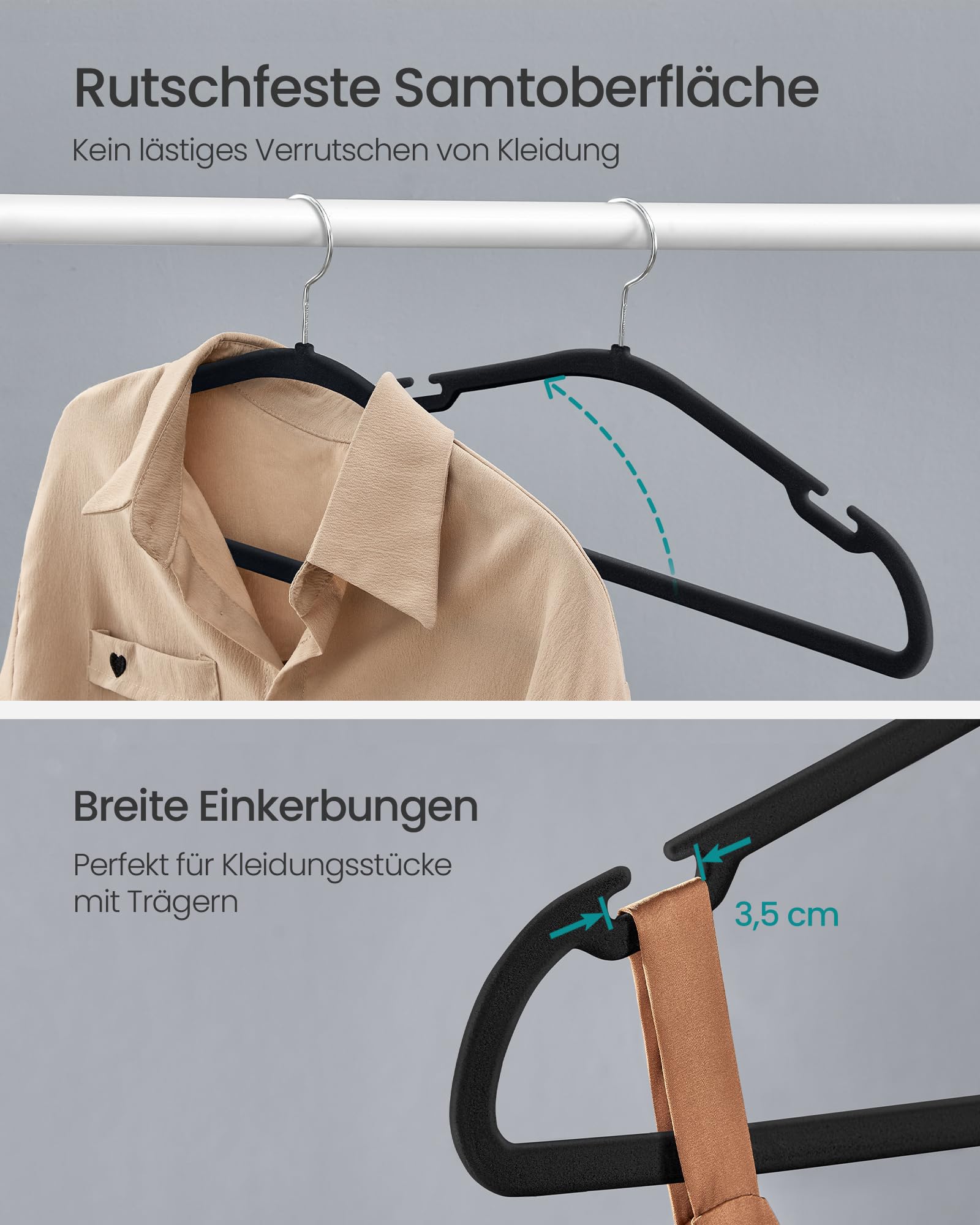 SONGMICS Kleiderbügel Samt, Bügel 50er Set, 43 x 21 cm, Samtbügel rutschfest, breite Schulterkerben, Stange für Hosen, 360° drehbarer Haken, platzsparend, für Garderobe, tintenschwarz CRF039B03 3