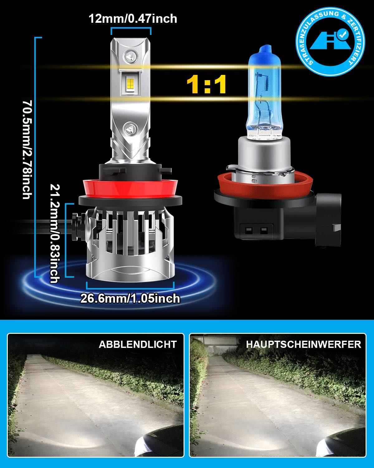 KOHYIER H11 LED Scheinwerferlampe mit Straßenzulassung, 6500K Weiß H9 H8 LED Lampe, UNECE-R37 Zugelassene LED Retrofitlampe, 2 Stück 5