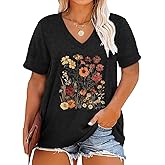 Robisomn Womens Plus Size Tops Boho Floral Short Sleeve V Neck T-Shirt Casual Summer Wildflower Graphic Tees