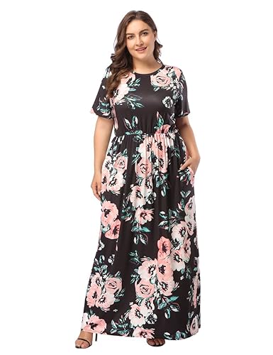 FeelinGirl Damen Lange Kleid Kleider Sommerkleider Maxikleider Blumenkleid Blumedrucken Strandkleid Rundhals High Waist Plus 