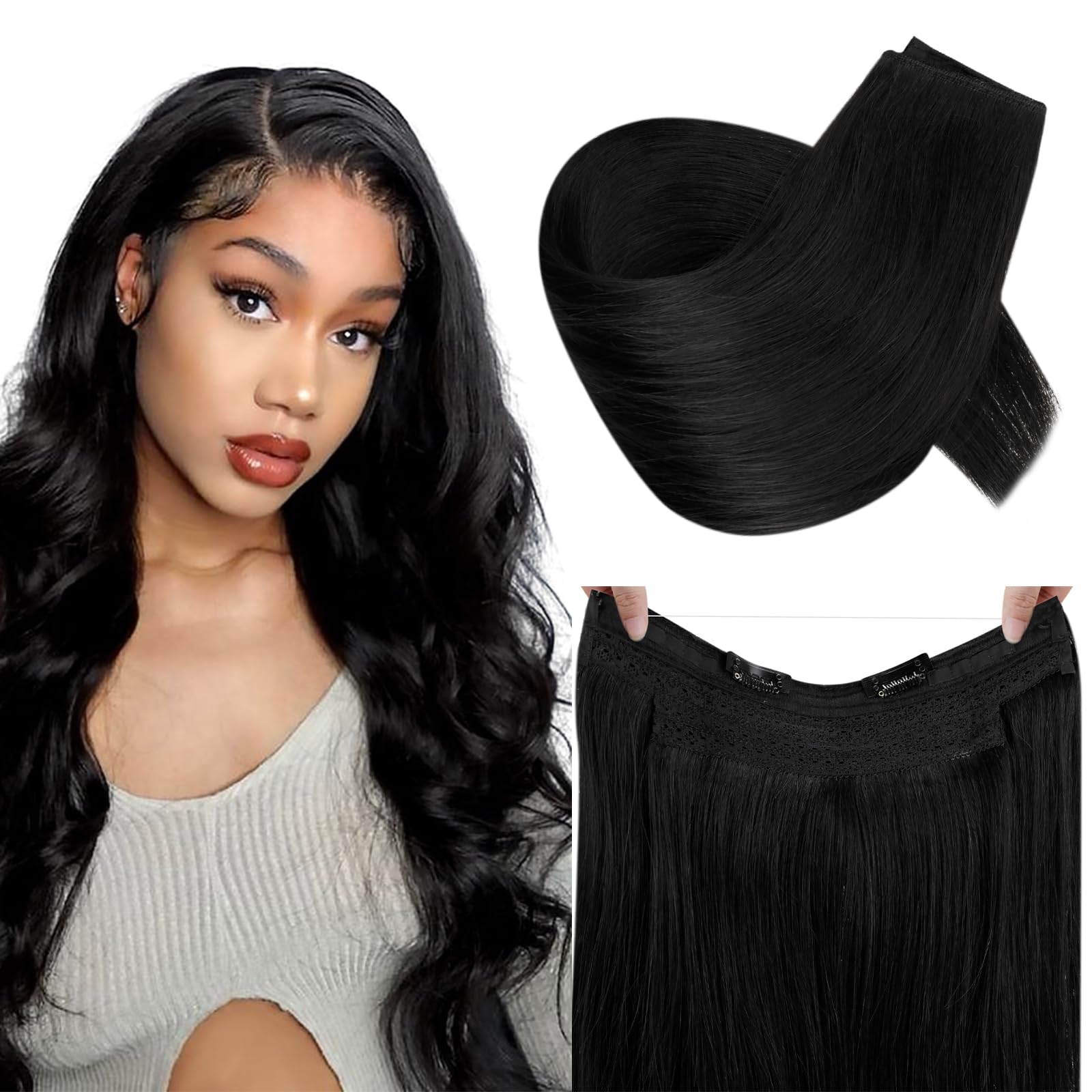 RUNATURE Black Invisible Wire Hair Extensions Real Human Hair Black Wire Hair Extensions Human Hair 12 Inch Invisible Fish Line Hair 70 Gram #1 — image 1