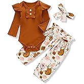 Kislio Newborn Baby Girls Clothes Ribbed Ruffled Romper+Floral Pants+Headband Infant Outfit Set